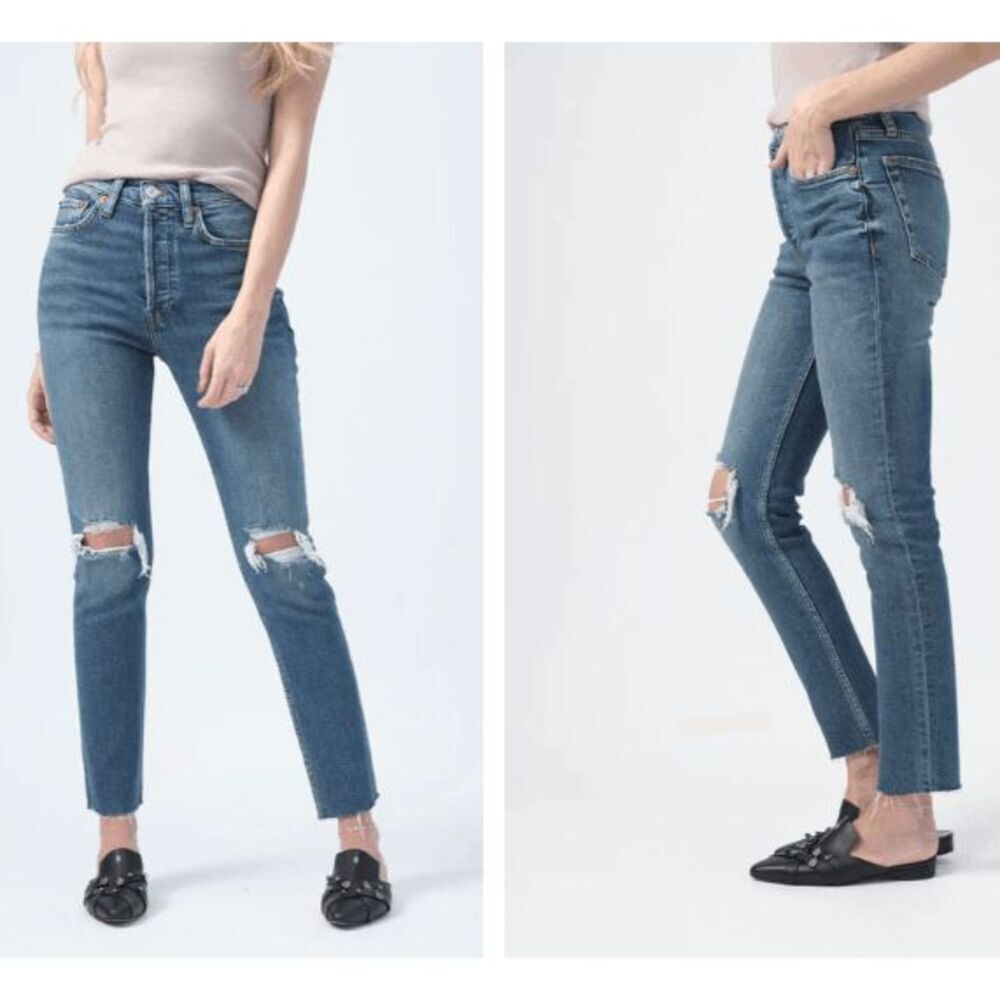 RE/DONE High Rise Ankle Crop Jeans Distressed Frayed Hem Size‎ 26